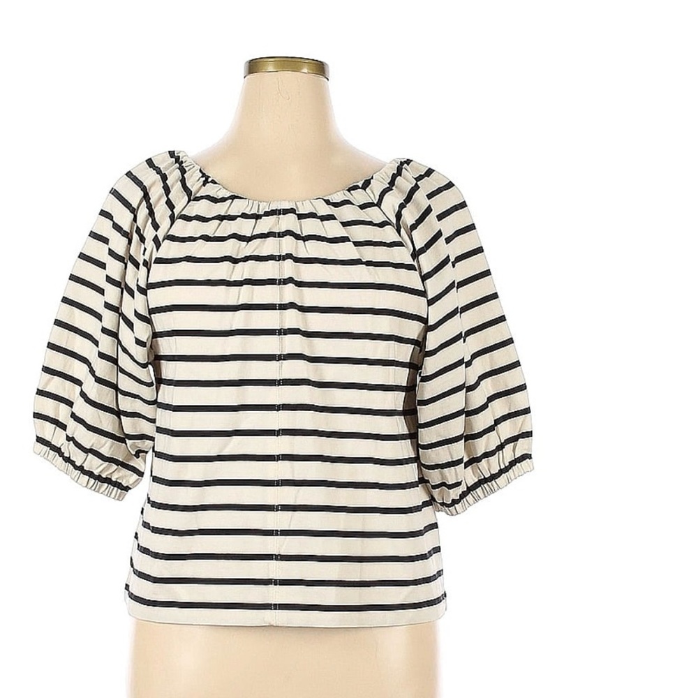 Womens Striped Puff Sleeve Scoop Neck Blouse Cream Black Plus Size